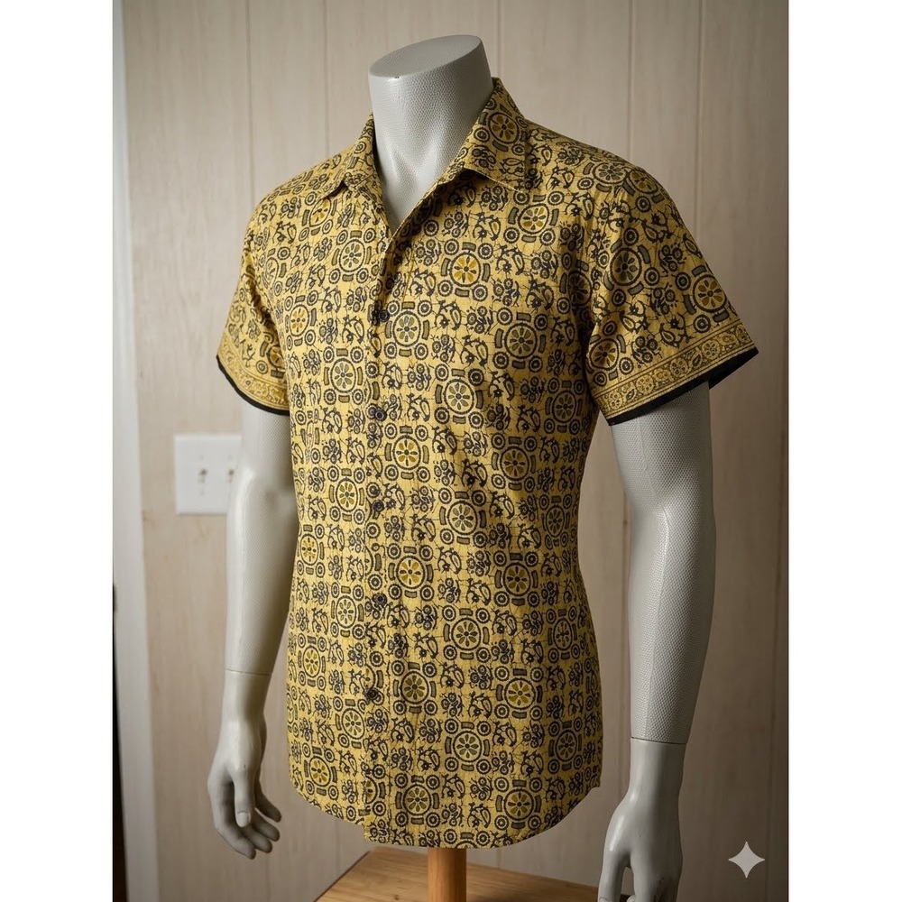 Nandhini Men XXL Yellow Tribal Geometric Print Button up Shirt Short Sleeve